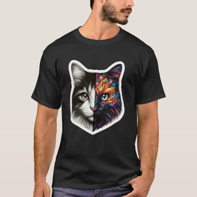 Half Face Abstract Kitten Cute Geometry Polygon Ca T-Shirt (Front)