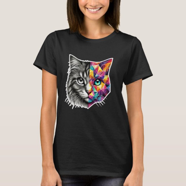 Half Face Abstract Kitten Cute Geometry Polygon Ca T-Shirt (Front)