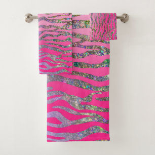 Half Glitter Pink Tiger Print Bath Towel Set