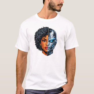 Half Human Half Cyborg Face | Futuristic AI Sci-Fi T-Shirt