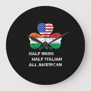 Half Irish Half Italian All American Flag Shamrock Large Clock