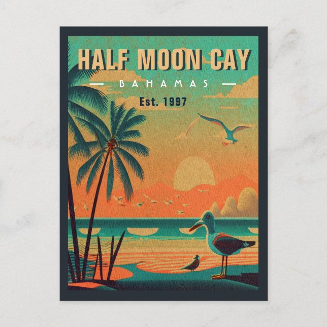 Half Moon Cay Bahamas Retro Seagull Souvenir 1950s Postcard (Front)