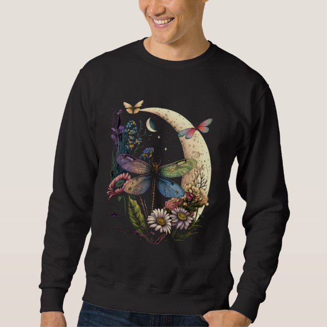 Half Moon Dragonfly Insect Hippie Colorful Flowers Sweatshirt (Front)