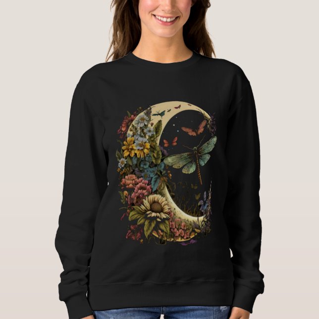 Half Moon Dragonfly Insect Hippie Colorful Flowers Sweatshirt (Front)