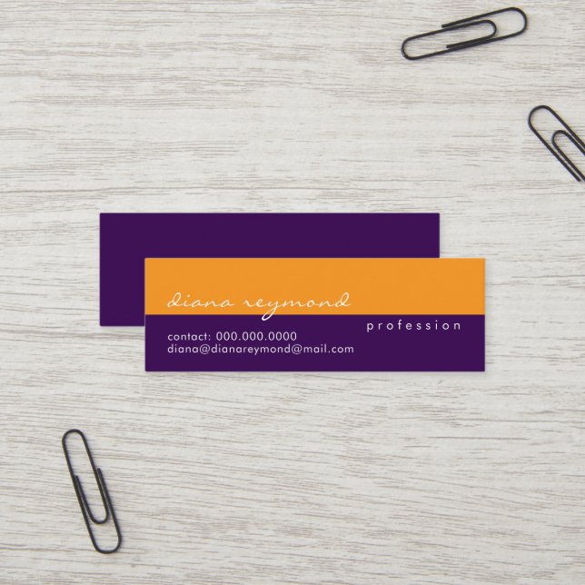 Half-purple half-orange simple and modern  mini business card (Front/Back In Situ)