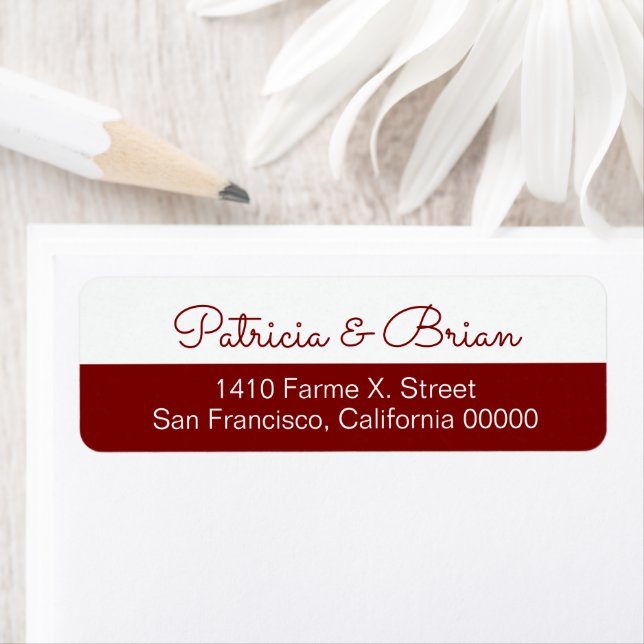 Half red modern address label with couple names (Insitu)