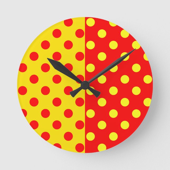 Half Red Yellow Polka Dots Pattern Design  Round Clock (Front)