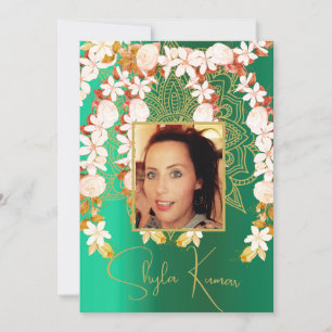 Half Saree Ceremony Hindu Floral Garland Green  Invitation