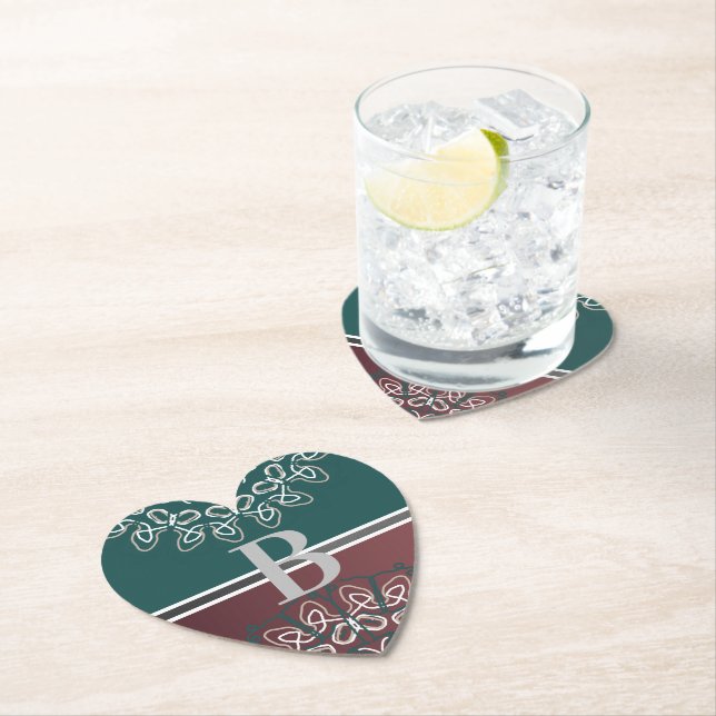 Half Toned Trendy Blue Mauve Laced Monogram Paper Coaster (Insitu)