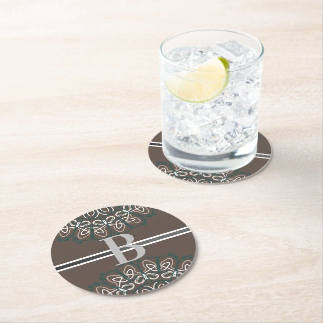 Half Toned Trendy Taupe Laced Monogram Round Paper Coaster (Insitu)
