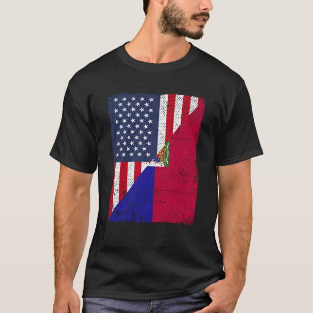 Half USA Flag Half Haiti Flag American Haitian T-Shirt (Front)