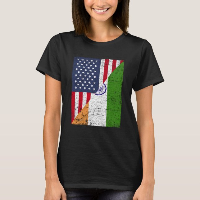 Half USA Flag Half India Flag American Indian T-Shirt (Front)