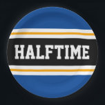 HALFTIME Blue Black White Yellow Party Stripes Paper Plate<br><div class="desc">This sporty,  athletic design features bold HALFTIME text inside a highlighted wide centre black stripe with white and yellow racing stripes against deep blue outer stripes.  The text  can be personalised.</div>