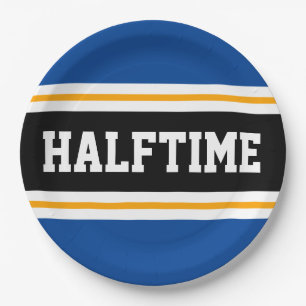 HALFTIME Blue Black White Yellow Party Stripes Paper Plate