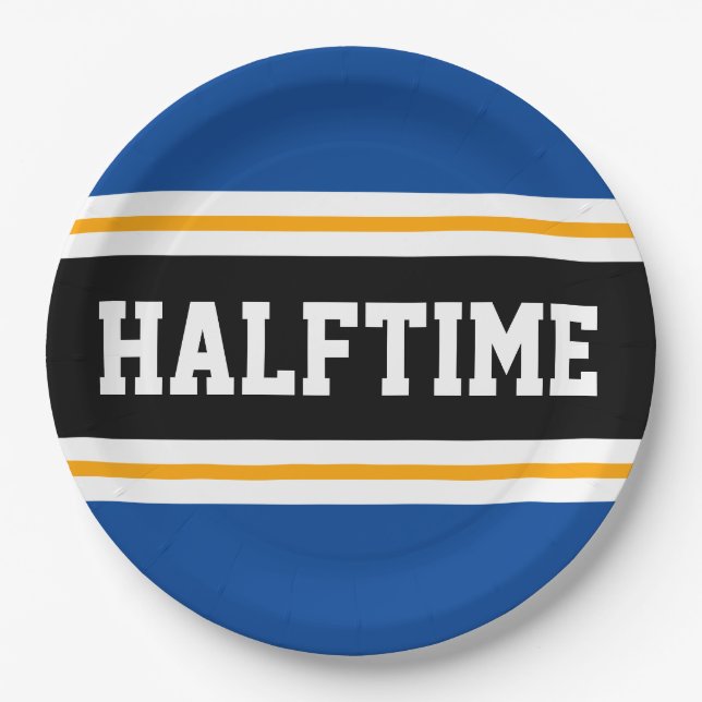HALFTIME Blue Black White Yellow Party Stripes Paper Plate (Front)