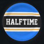 HALFTIME Bright Blue Black White Yellow Stripes Paper Plate<br><div class="desc">This sporty,  athletic design features bold HALFTIME text inside a highlighted wide centre black stripe with white and yellow pinstripes against bright blue outer stripes.  The text  can be personalised.</div>