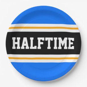 HALFTIME Bright Blue Black White Yellow Stripes Paper Plate