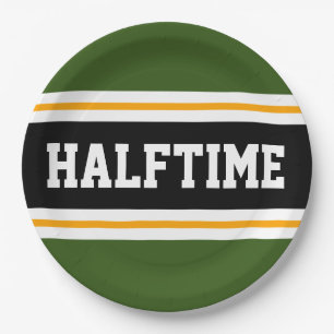HALFTIME Forest Green Black White Yellow Stripes Paper Plate