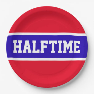 HALFTIME Sporty Bright Red White Blue Stripes Paper Plate