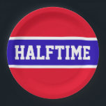 HALFTIME Sporty Bright Red White Navy Blue Stripes Paper Plate<br><div class="desc">This sporty football design features bold HALFTIME text inside a highlighted wide navy blue centre stripe with adjoining white stripes against bright red outer stripes.  The text in this design can be personalised.</div>
