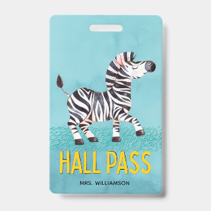 Hall Pass Cute Zebra Classroom Teacher ID Badge