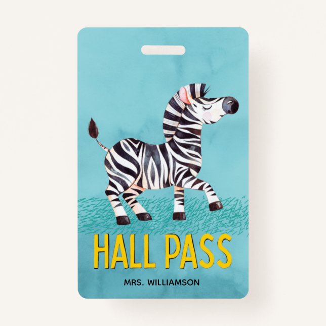 Hall Pass Cute Zebra Classroom Teacher ID Badge (Front)