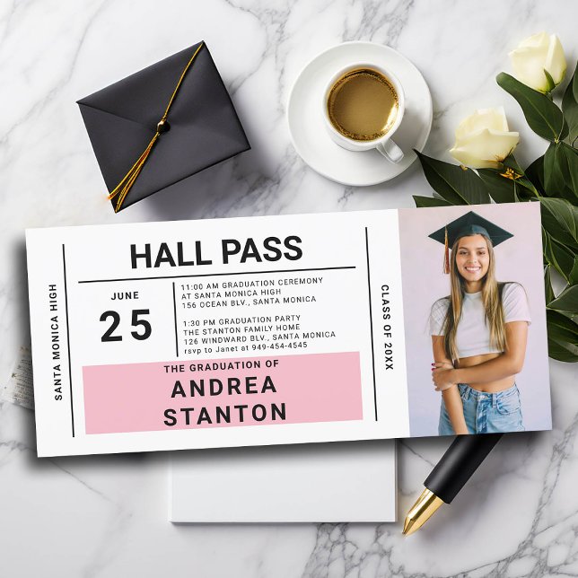 Hall Pass Grad Party Pink High School Invitation (graduation party ideas high school hall pass invitation template grad diy personalized pink ticket)