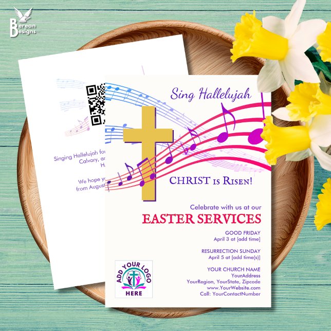 HALLELUJAH CHRIST IS RISEN QR Logo Church Easter  Invitation (Modern SING HALLELUJAH CHRIST IS RISEN Easter Church invitation with custom logo and QR code.)