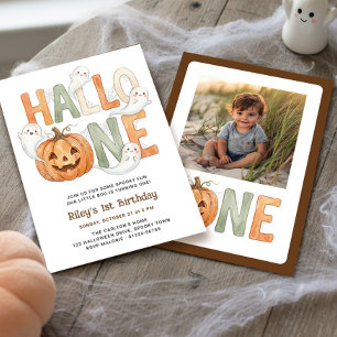 Hallo-one 1st Birthday Photo Pumpkin Fall Green Invitation