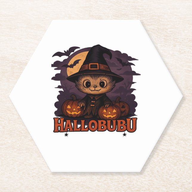 Hallobubu Halloween Cute & Spooky Witch Cat T-Shir Paper Coaster (Front)