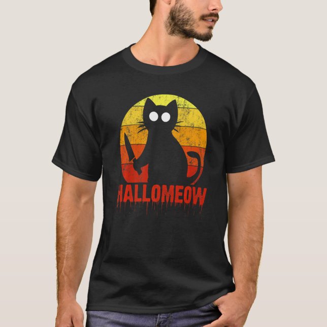 Hallomeow Cat With Knife Murderous Spooky Hallowee T-Shirt (Front)