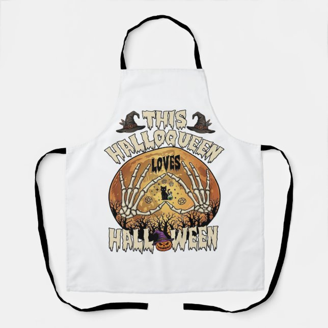 Halloqueen Loves Halloween Skeleton Hands Black Ca Apron (Front)