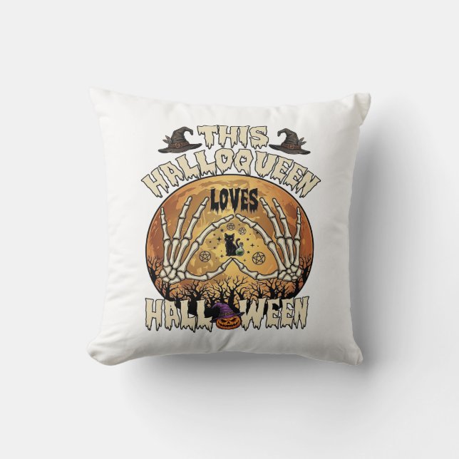 Halloqueen Loves Halloween Skeleton Hands Black Ca Cushion (Front)