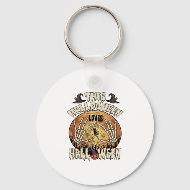 Halloqueen Loves Halloween Skeleton Hands Black Ca Key Ring (Front)