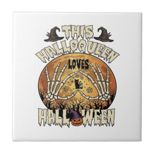Halloqueen Loves Halloween Skeleton Hands Black Ca Tile