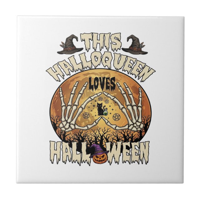 Halloqueen Loves Halloween Skeleton Hands Black Ca Tile (Front)