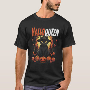 Halloqueen Witchy Black Cat Between Pumpkin Heads T-Shirt