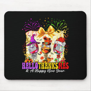 Hallothanksmas And A Happy New Year Wine Gles Fire Mouse Pad