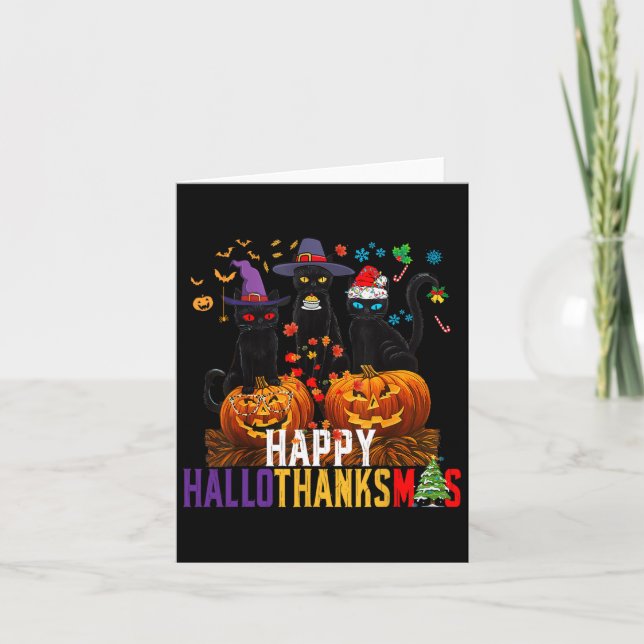 Hallothanksmas Black Cat Halloween Thanksgiving Ch Card (Front)