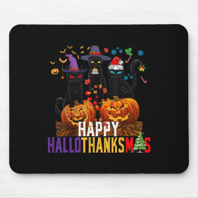 Hallothanksmas Black Cat Halloween Thanksgiving Ch Mouse Pad (Front)