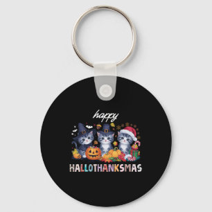 Hallothanksmas Cat Christmas Halloween Thanksgivin Key Ring