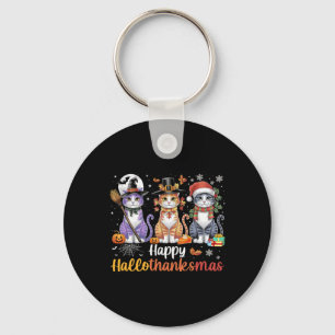 Hallothanksmas Cats Halloween Thanksgiving Christm Key Ring