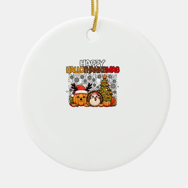 HalloThanksMas Funny Cute Halloween Thanksgiving C Ceramic Tree Decoration (Front)