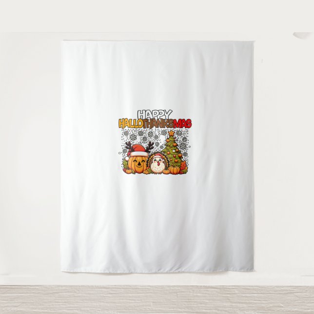 HalloThanksMas Funny Cute Halloween Thanksgiving C Tapestry (Front)