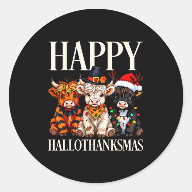 Hallothanksmas Highland Cow Halloween Thanksgiving Classic Round Sticker (Front)