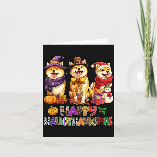Hallothanksmas Shiba Dogs Halloween Christmas Pump Card (Front)
