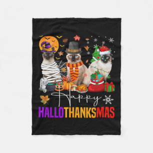 Hallothanksmas Siamese Cat Halloween Thanksgiving  Fleece Blanket