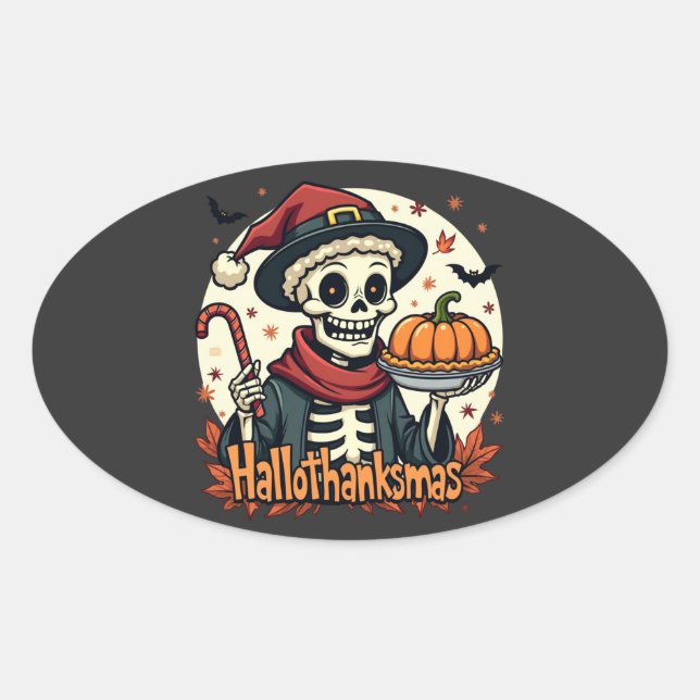 Hallothanksmas Skeleton: Pumpkin Pie & Candy Cane  Oval Sticker (Front)