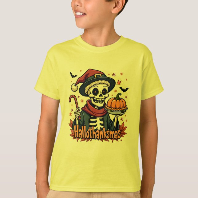 Hallothanksmas Skeleton: Pumpkin Pie & Candy Cane  T-Shirt (Front)