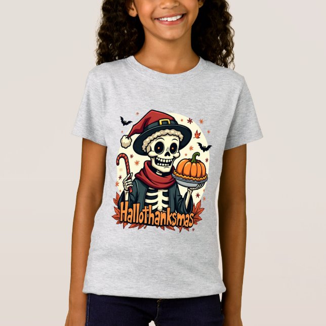 Hallothanksmas Skeleton: Pumpkin Pie & Candy Cane  T-Shirt (Front)